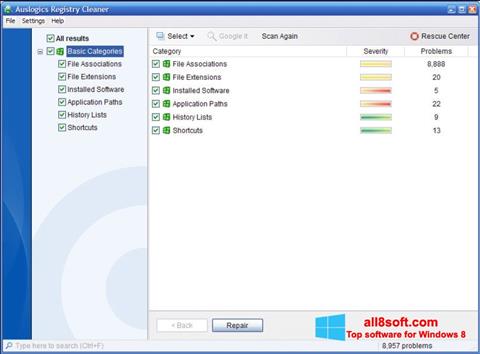 Ekraanipilt Auslogics Registry Cleaner Windows 8